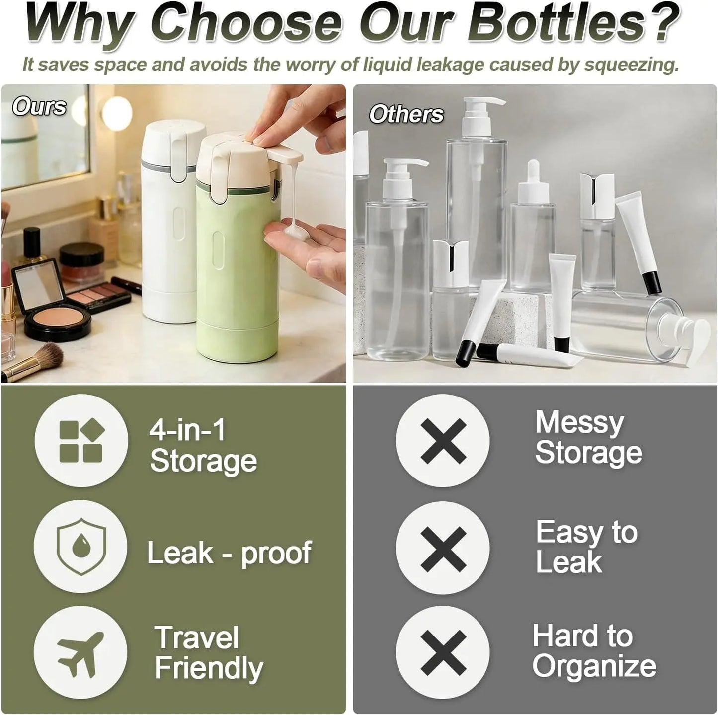 4-in-1 Compact Travel Dispenser Bottle